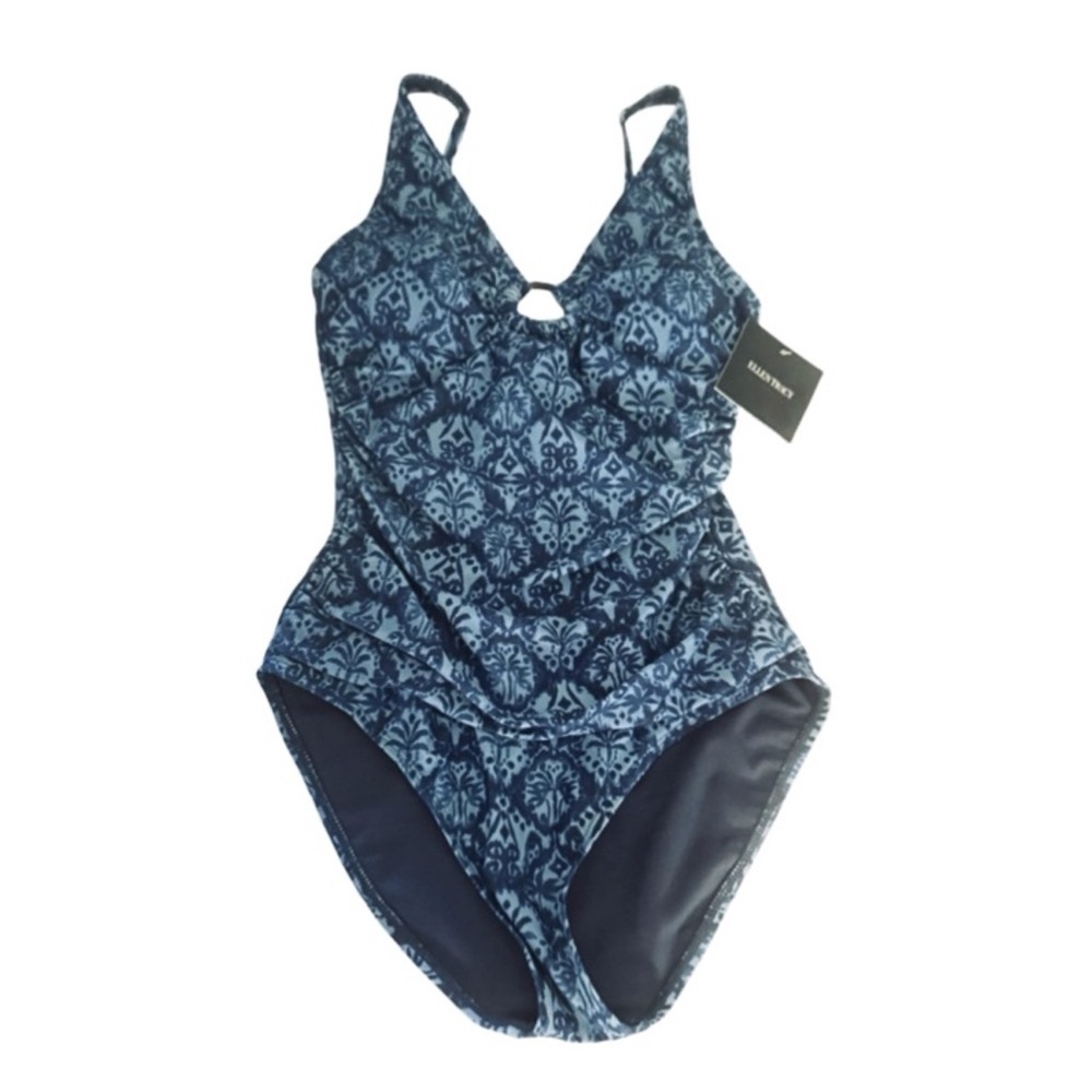 NEW Ellen Tracy One Piece Swimsuit Triangle Cups Ruching O-ring Blue Size 8